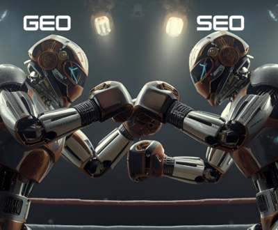 two robots boxing showing GEO and SEO in competition