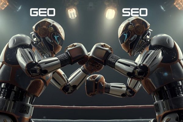 two robots boxing showing GEO and SEO in competition
